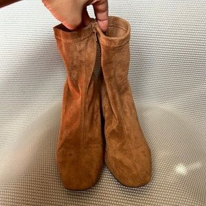 Jeffrey Campbell Cienega Lo Camel Tan Vegan Suede Block Heel Sock Booties Sz 6.5